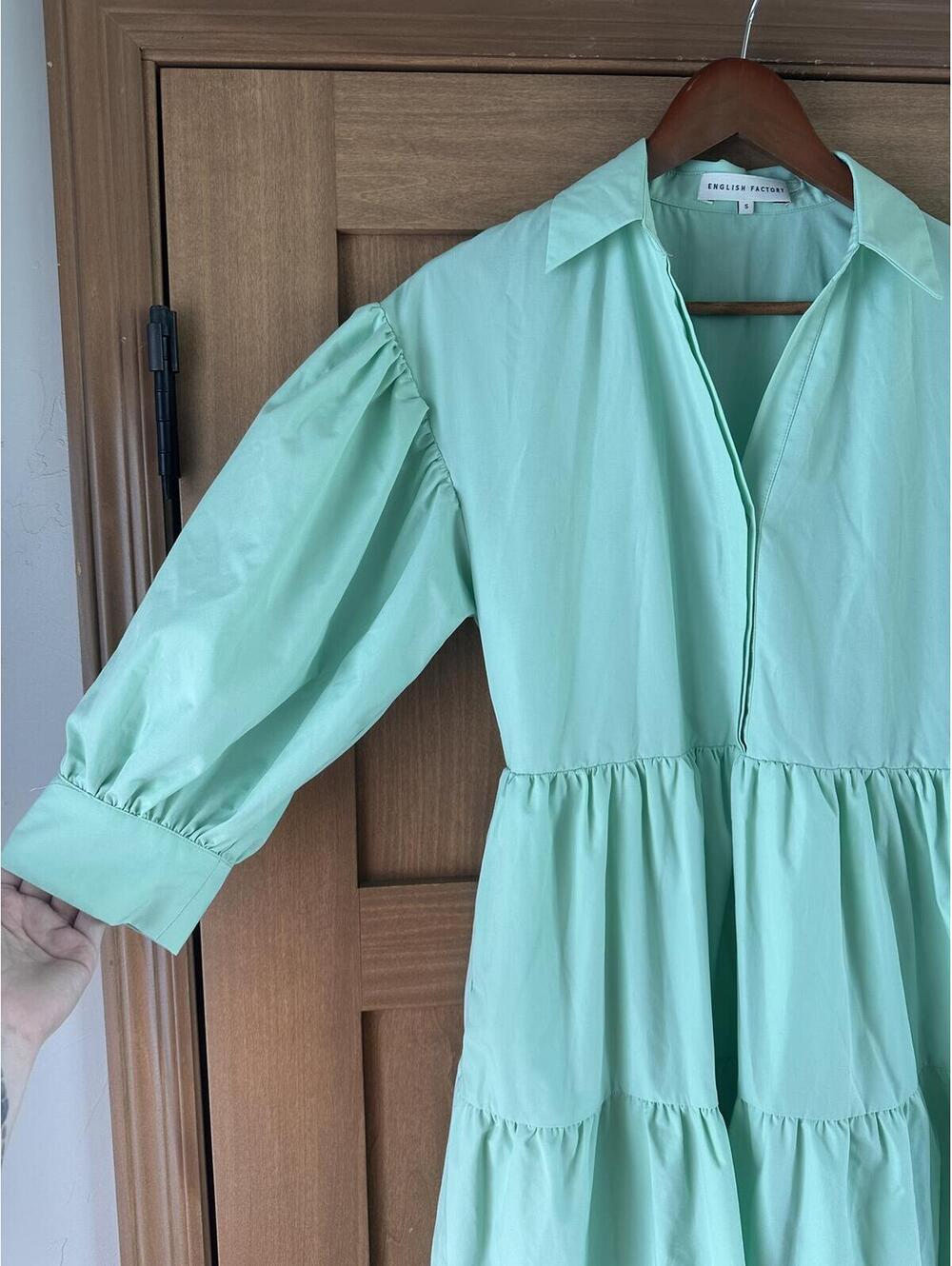 English Factory Balloon Sleeve A-line Tiered Midi Shirt Dress Mint Women’s Small - Picture 2 of 15